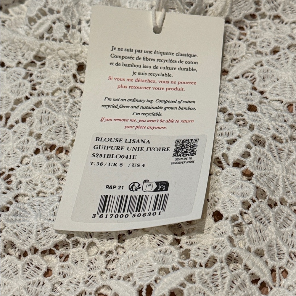 NWT Sezane Lisana Top in Guipure Ivory Size 4 - Picture 5 of 8